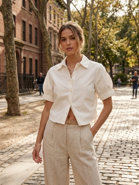 Zara Tops - ✨ NWT✨ZARA IVORY SHORT SLEEVE BLOUSE PUFF SLEEVE BUTTON FRONT MINIMAL CHIC